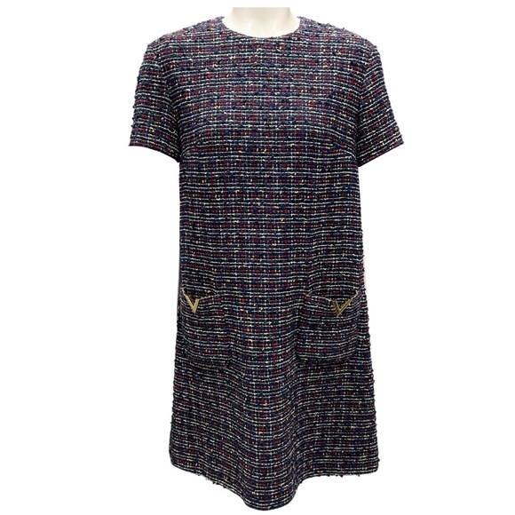 VALENTINO NAVY MULTI 2022 VLOGO TWEED DRESS - Picture 1 of 6